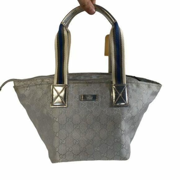 Authentic Gucci Satchel Bag Gray Canvas Used GG Handbag Vintage - Picture 1 of 11